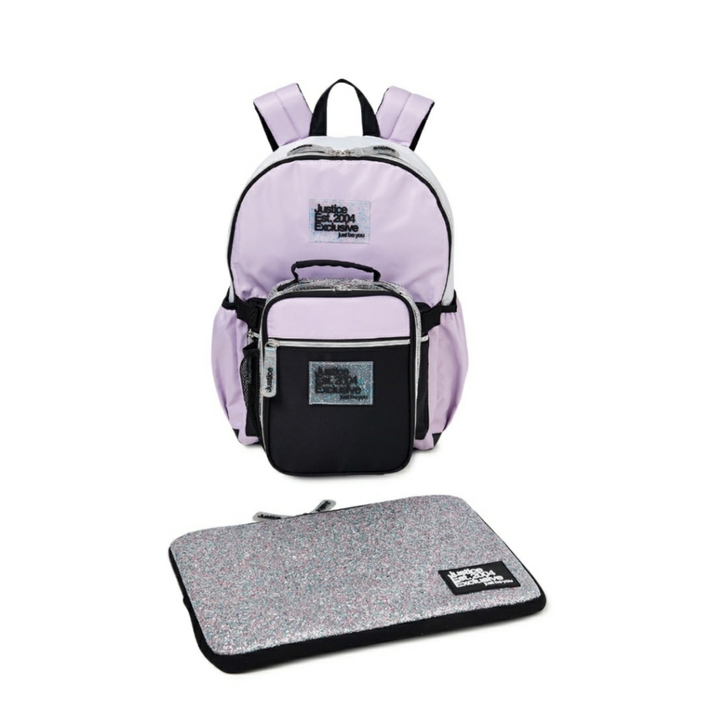 NWT Justice Girls Glitter Backpack 3PC set